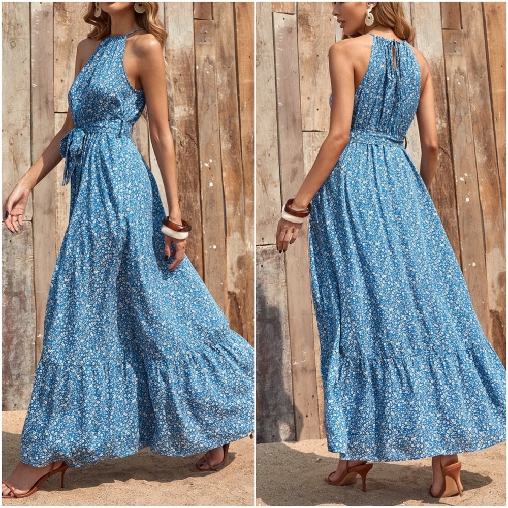 Boho Red Floral Print Ruffle Halter Maxi Dress - Picture 3 of 7